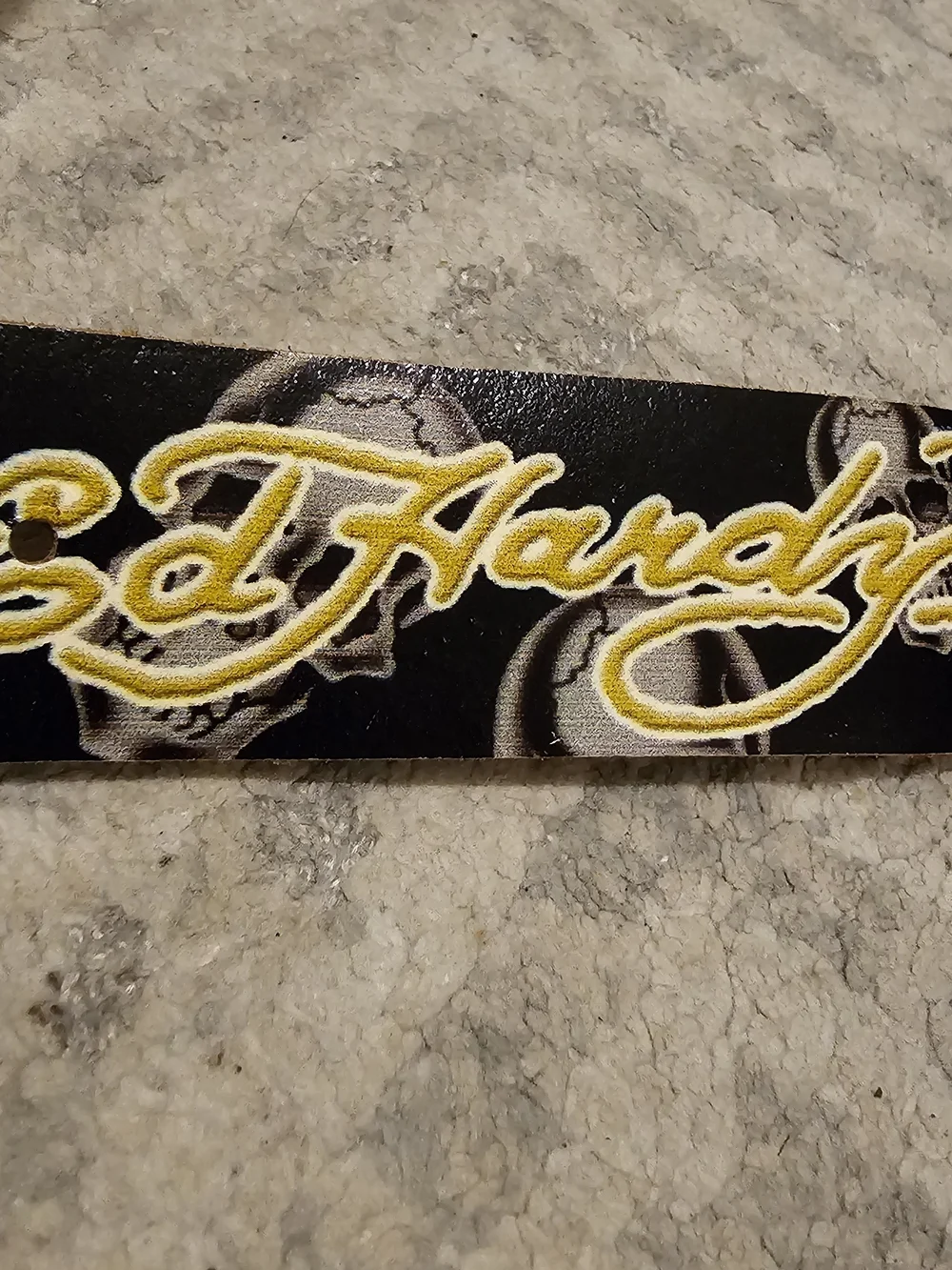 Y2k Ed Hardy Black Leather Belt with Cream Skull Motif and Gold Script - Picture 3 of 7